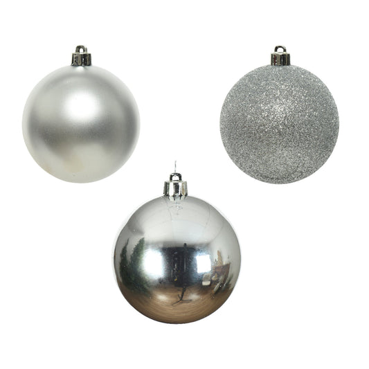 Christbaumschmuck Mix Kugel 3 x Weihnachtskugel matt, 3 x Weihnachtskugel glänzend, 4 x Weihnachtskugel glitzer Material: Polystyrol Farbe: silber 10 St./Pack.