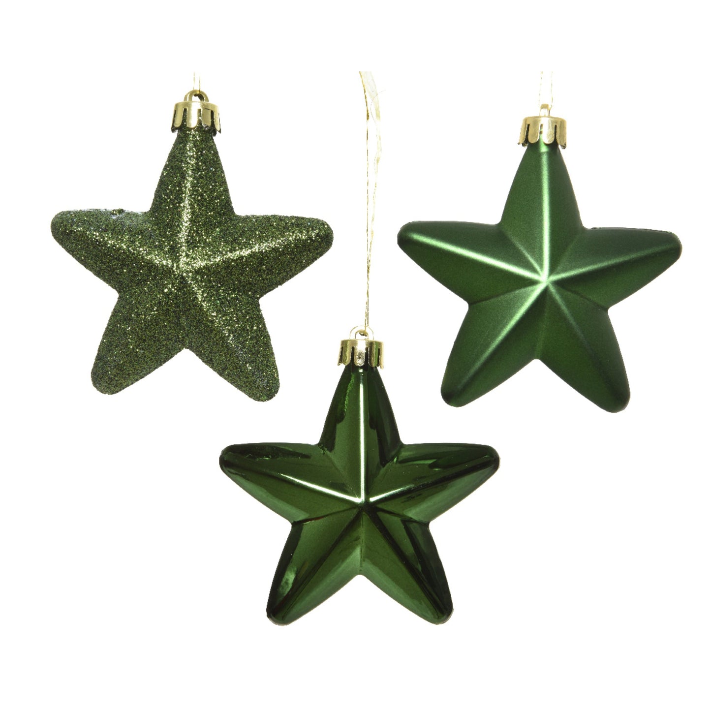 Christbaumschmuck Mix Stern 2 x Weihnachtskugel matt, 2 x Weihnachtskugel glänzend, 2 x Weihnachtskugel glitzer Maße: 7,5 x 7,5 x 2 cm (B x H x T) Material: Polystyrol Farbe: piniengrün 6 St./Pack.