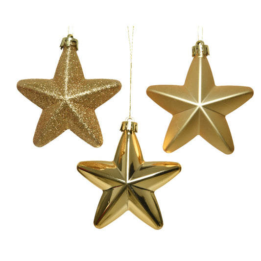 Christbaumschmuck Mix Stern 2 x Weihnachtskugel matt, 2 x Weihnachtskugel glänzend, 2 x Weihnachtskugel glitzer Maße: 7,5 x 7,5 x 2 cm (B x H x T) Material: Polystyrol Farbe: gold 6 St./Pack.