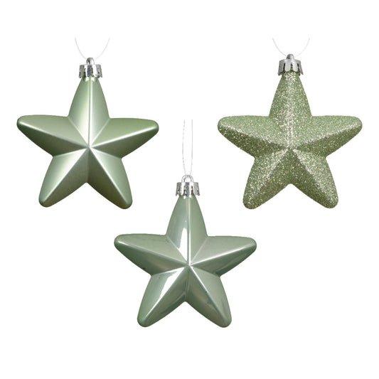 Christbaumschmuck Mix Stern 2 x Weihnachtskugel matt, 2 x Weihnachtskugel glänzend, 2 x Weihnachtskugel glitzer Maße: 7,5 x 7,5 x 2 cm (B x H x T) Material: Polystyrol Farbe: matcha green 6 St./Pack.