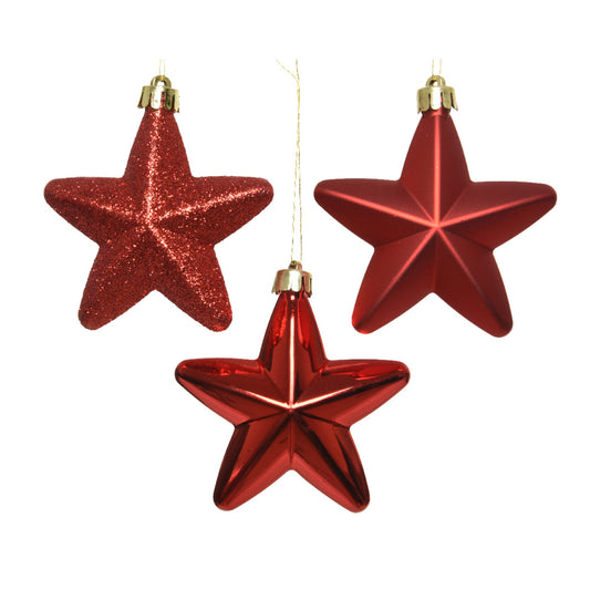 Christbaumschmuck Mix Stern 2 x Weihnachtskugel matt, 2 x Weihnachtskugel glänzend, 2 x Weihnachtskugel glitzer Maße: 7,5 x 7,5 x 2 cm (B x H x T) Material: Polystyrol Farbe: weihnachtsrot 6 St./Pack.