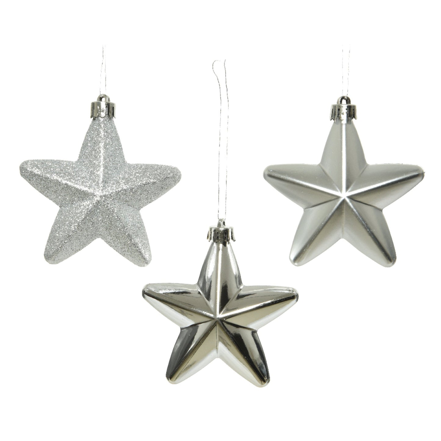 Christbaumschmuck Mix Stern 2 x Weihnachtskugel matt, 2 x Weihnachtskugel glänzend, 2 x Weihnachtskugel glitzer Maße: 7,5 x 7,5 x 2 cm (B x H x T) Material: Polystyrol Farbe: silber 6 St./Pack.