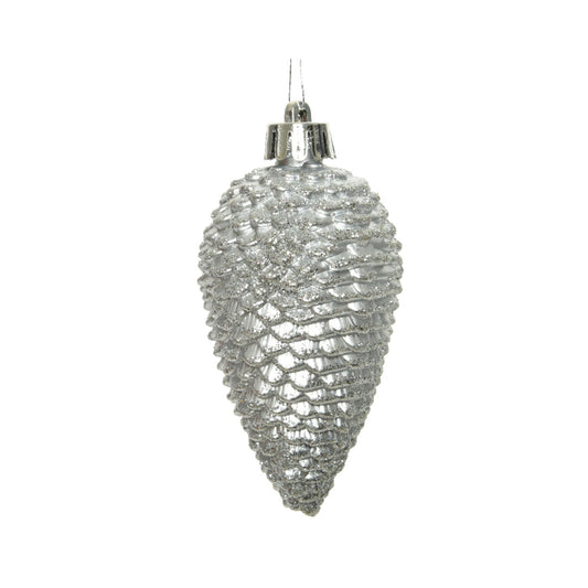 Christbaumschmuck Mix Zapfen Maße: 4,5 x 8 cm (Ø x H) Material: Polystyrol Farbe: silber glitzer 6 St./Pack.