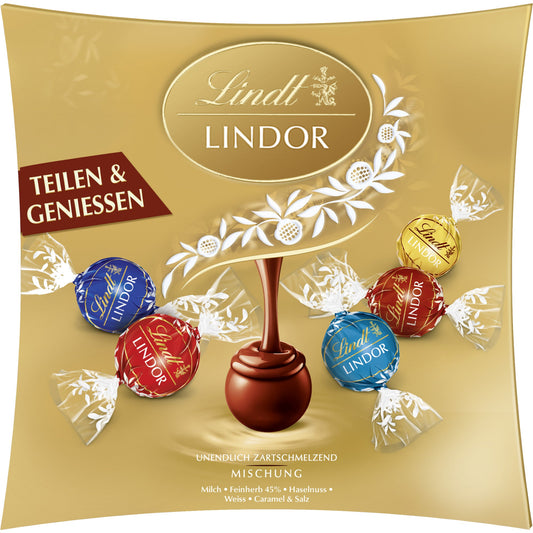 Lindt Pralinen LINDOR Schokokugeln Sharing Box Milchschokolade, Feinherb, Caramel & Salz, Weiße Schokolade, Haselnuss 250 g/Pack.