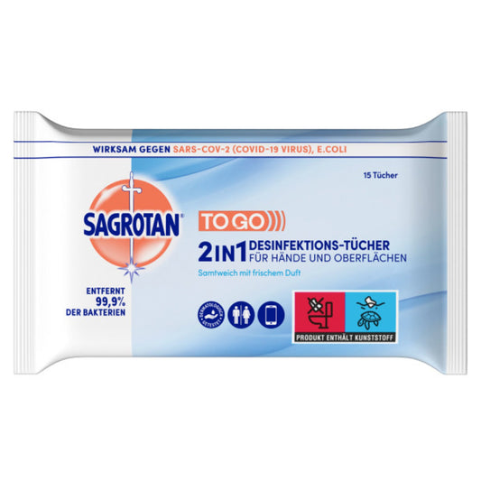 Sagrotan Desinfektionstücher To Go 2in1 Hand, Oberfläche nicht alkoholfrei dermatologisch getestet antibakteriell Bakterien, Viren 4,5-7,5 15 St./Pack.