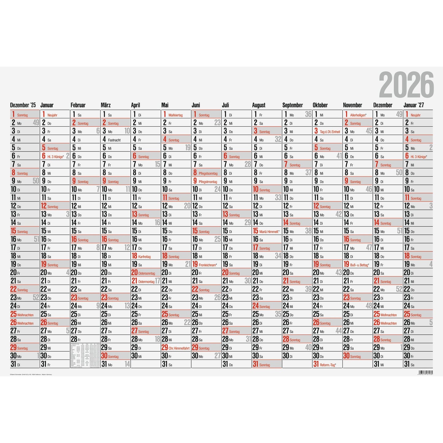Glocken Plakatkalender 2026 98 x 68,5 cm (B x H) 14 Monate/1 Seite Karton