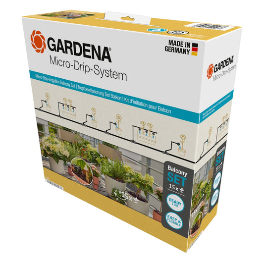 GARDENA Bewässerungssystem Balkon 2l/h 39 Teile optionales Zubehör: Gardena Wasserschlauch (18411-20, 04647-20, 18450-20, 18445-20, 18457-20, 18490-20), Bewässerungssteuerung (01891-20)