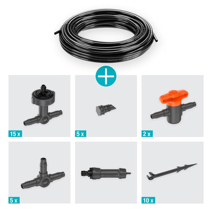 GARDENA Bewässerungssystem Balkon 2l/h 39 Teile optionales Zubehör: Gardena Wasserschlauch (18411-20, 04647-20, 18450-20, 18445-20, 18457-20, 18490-20), Bewässerungssteuerung (01891-20)