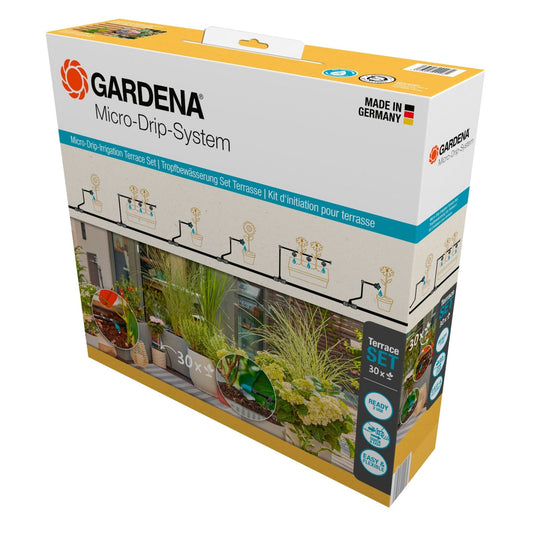 GARDENA Bewässerungssystem Terasse 1,5bar 0-15l/h 84 Teile optionales Zubehör: Gardena Wasserschlauch (18411-20, 04647-20, 18450-20, 18445-20, 18457-20, 18490-20), Bewässerungssteuerung (01891-20)