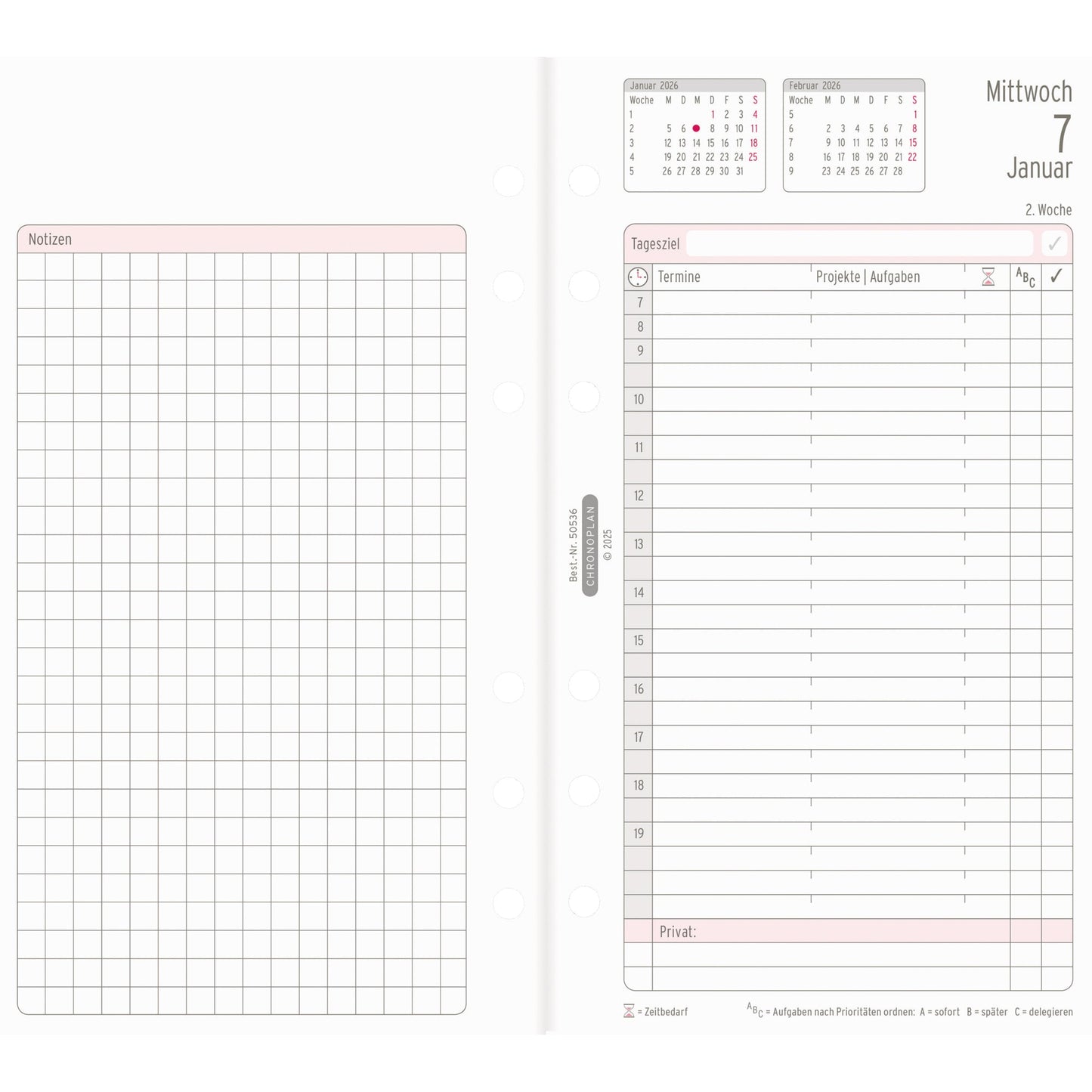 Chronoplan Einlage Kalender 2026 Midi 1 Tag/2 Seiten Brieftaschenplaner, Messeplan, Ferienplan, Übersicht Feiertage, sowie weitere Informationen