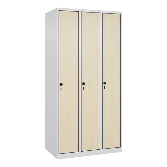 C+P Kleiderspind Evolo PLUS 900 x 1.800 x 500 mm (B x H x T) 3 Abteile Stahl, lackiert Farbe der Front: ahorn Farbe des Korpus: verkehrsweiß