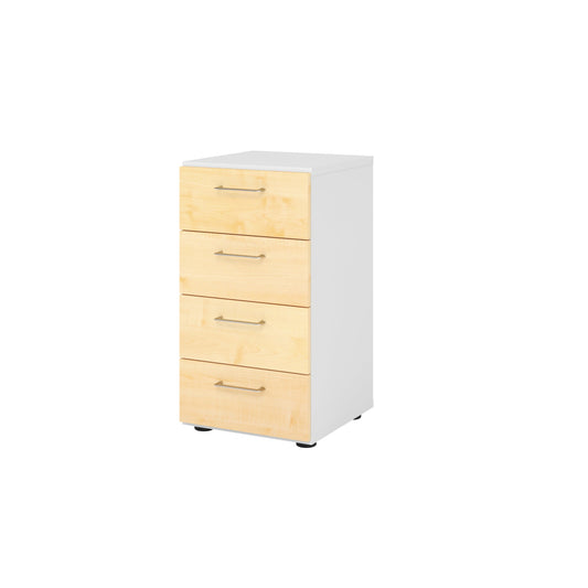 Hammerbacher Schubladenschrank V9 Advanced 400 x 748 x 417 mm (B x H x T) 4 Schubladen Spanplatten, folienummantelt Farbe der Front: weiß Farbe des Korpus: ahorn