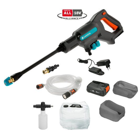 GARDENA Mitteldruckreiniger AquaClean 24/18V P4A Premium Set 8,2 x 20 x 78 cm (B x H x T) 9, 14, 24bar inkl. Schaumdüse, Wassertank (20 l), 3 Düsen, Saugschlauch (5 m), 1 kurze Lanze, 1 lange Lanze, Akku, Ladegerät 2,2kg