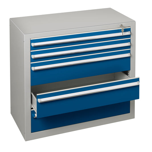 SCHULTE Schubladenschrank 1.000 x 900 x 500 mm (B x H x T) 5 Schubladen Stahl Farbe der Front: blau Farbe des Korpus: lichtgrau