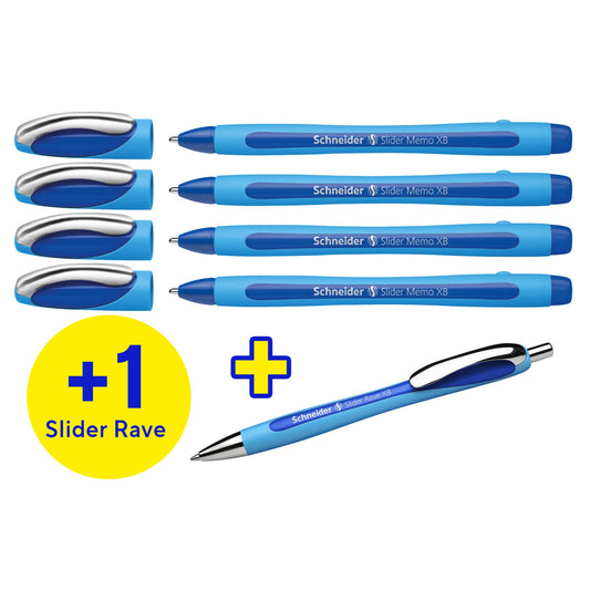 Schneider Kugelschreiber Slider Memo XB 0,7mm XB blau Mine nicht auswechselbar nicht dokumentenecht inkl. 1 x Schneider Kugelschreiber Slider Rave GRATIS Schaftfarbe: cyan/blau 4 St./Pack.