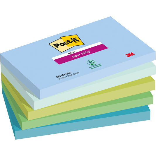 Post-it® Haftnotiz Super Sticky Notes Oasis Collection 127 x 76 mm (B x H) denimblau, mint, limonengrün, immergrün, seeglasgrün 90 Bl./Block 5 Block/Pack.
