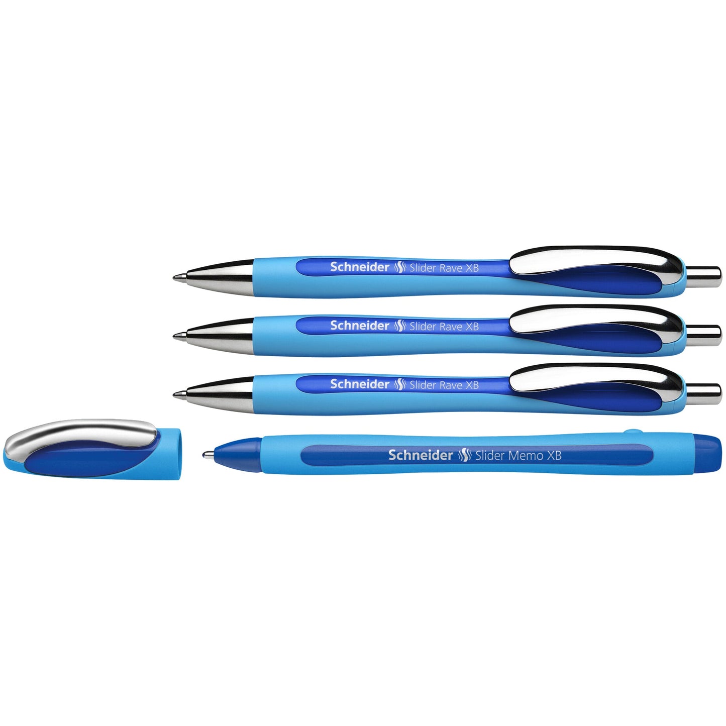 Schneider Kugelschreiber Slider Rave 3 x Schneider Kugelschreiber Slider Rave, 1 x Schneider Kugelschreiber Slider Memo 0,7mm XB blau Mine auswechselbar dokumentenecht Schaftfarbe: cyan/blau
