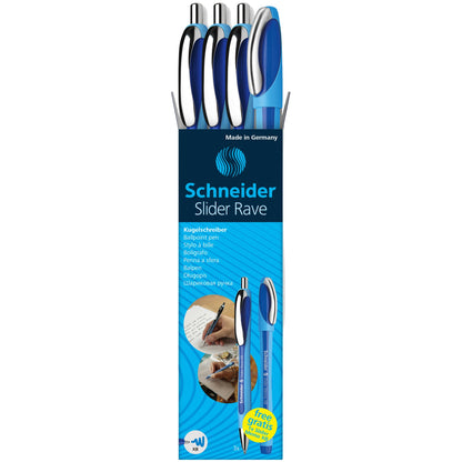 Schneider Kugelschreiber Slider Rave 3 x Schneider Kugelschreiber Slider Rave, 1 x Schneider Kugelschreiber Slider Memo 0,7mm XB blau Mine auswechselbar dokumentenecht Schaftfarbe: cyan/blau