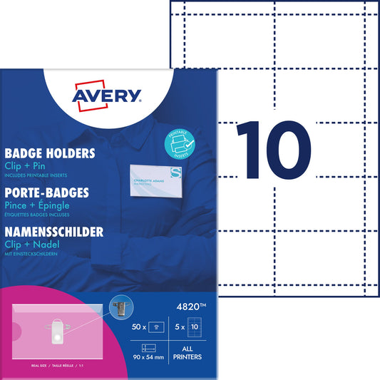 Avery Zweckform Namensschild 90 x 54 mm (B x H) inkl. 50 bedruckbare Einsteckschilder weiß Kombiklemme transparent 50 St./Pack.