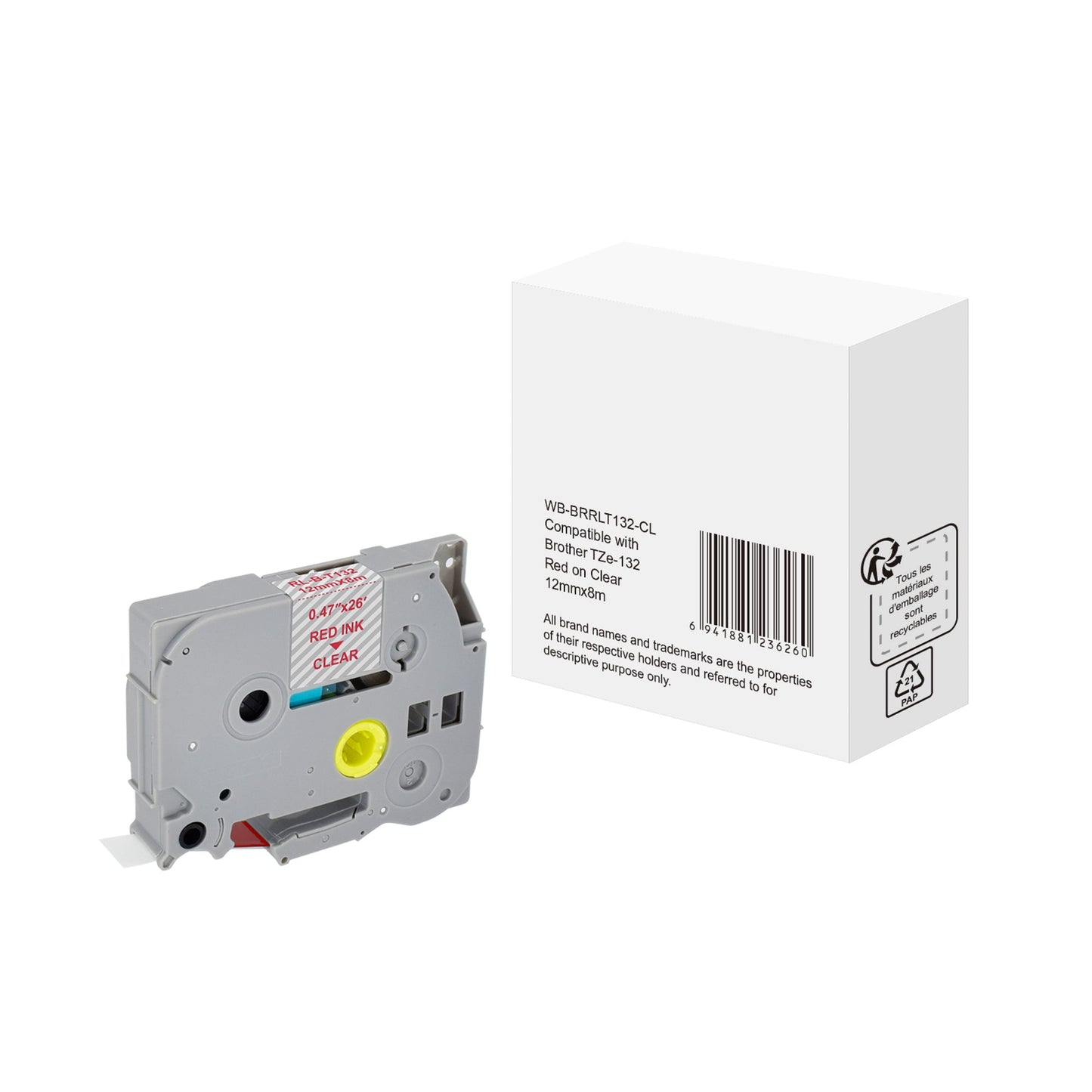 Schriftbandkassette Brother TZe-132 12 mm x 8 m (B x L) transparent rot