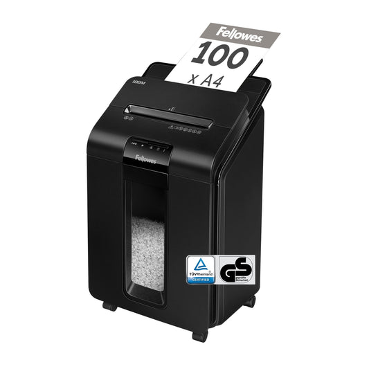 Fellowes® Aktenvernichter AutoMaxT 100M P-4 Papier, Heftklammern, Büroklammern, Kreditkarten Partikelschnitt 10 Bl. manuell, 100 Bl. automatisch schwarz
