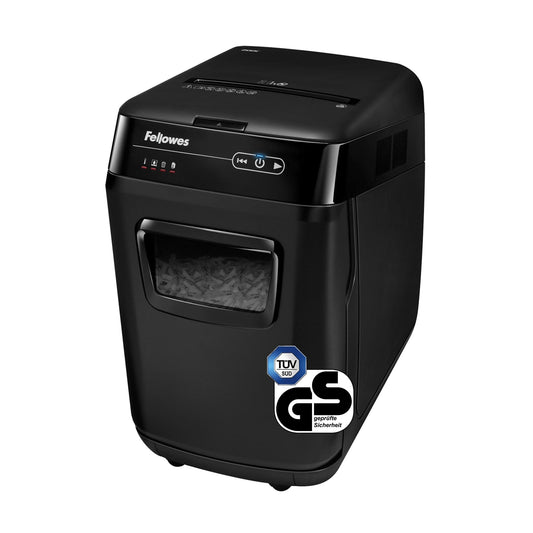 Fellowes® Aktenvernichter AutoMaxT 200C P-4 Papier, Heftklammern, Büroklammern, Kreditkarten, CDs/DVDs Partikelschnitt 10 Bl. manuell, 200 Bl. automatisch schwarz