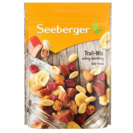 SEEBERGER Nussmischung Trail-Mix Erdnüsse, Rhabarber (getrocknet), Bananenchips, Mandeln (blanchiert), Physalis (getrocknet), Cranberries (getrocknet) 150 g/Pack.