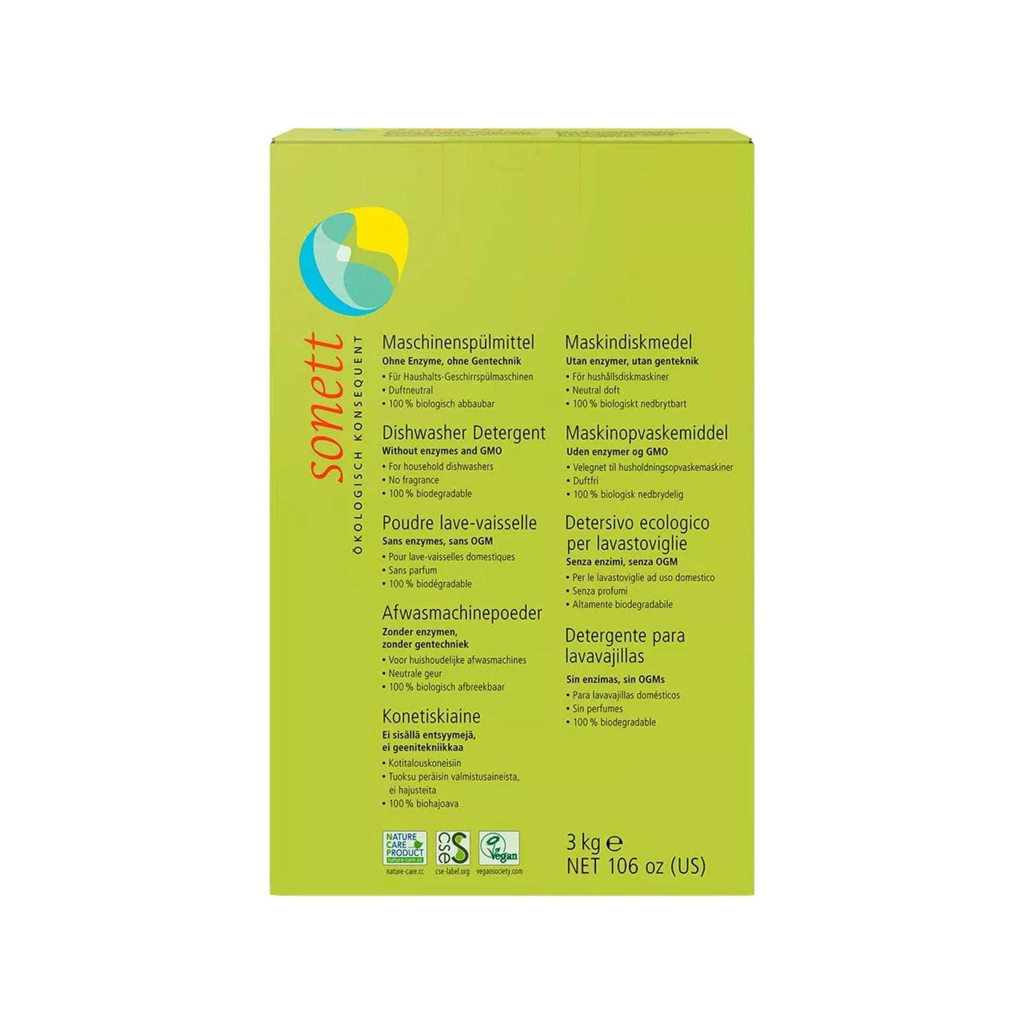 sonett Geschirrspülmittel neutral biologisch abbaubar pH-Wert: 11 Karton recycelbar 3 kg/Pack.