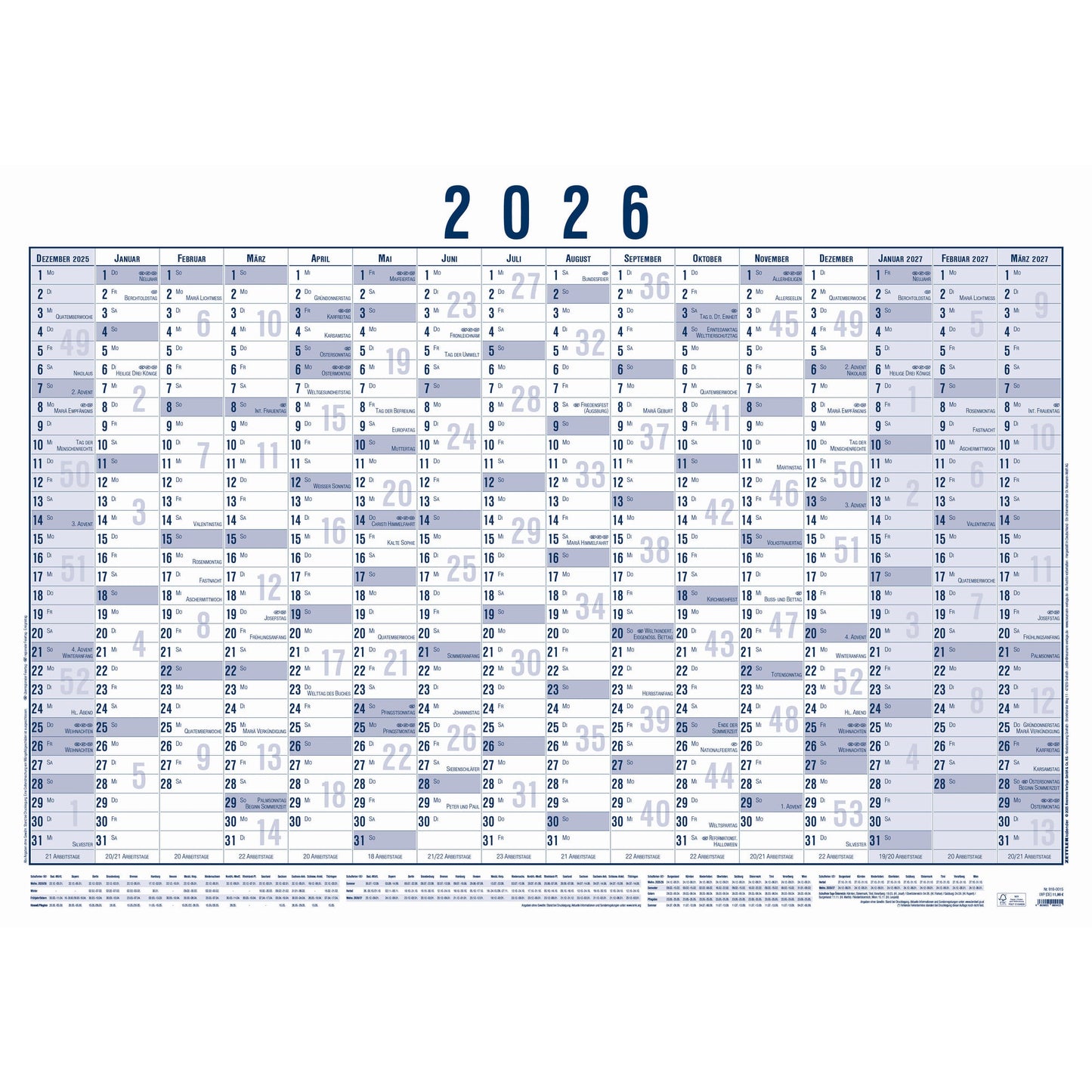 ZETTLER Plakatkalender 2026 100 x 70 cm (B x H) 16 Monate/1 Seite Karton 5 St./Pack.