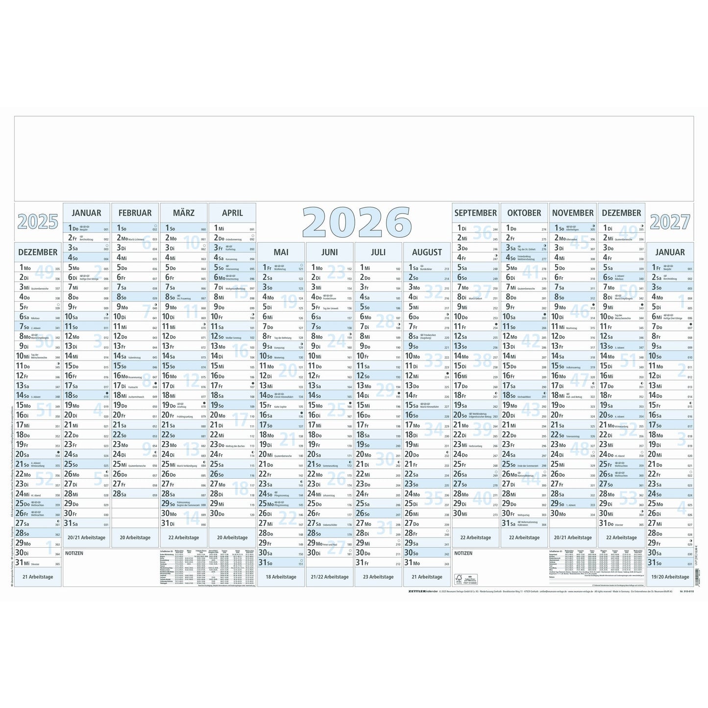 ZETTLER Plakatkalender 2026 100 x 70 cm (B x H) 14 Monate/1 Seite Karton 5 St./Pack.