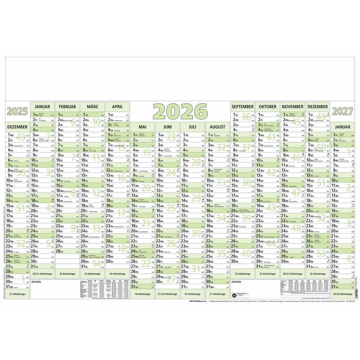 ZETTLER Plakatkalender Natura 2026 88 x 63 cm (B x H) 14 Monate/1 Seite Karton, 100 % recycelt 5 St./Pack.