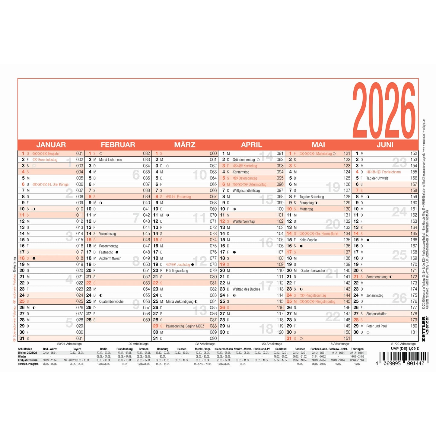 ZETTLER Tafelkalender 904 2026 6 Monate/1 Seite DIN A5 Ferientermine, Mondphasen Karton