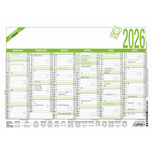 ZETTLER Tafelkalender Natura 2026 6 Monate/1 Seite 29,7 x 21 cm (B x H) Karton, 100 % recycelt