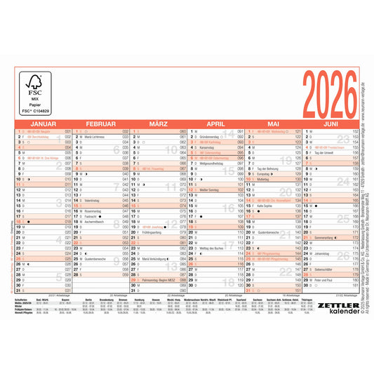 ZETTLER Tafelkalender 900 2026 6 Monate/1 Seite DIN A6 Mondphasen, Ferientermine Karton