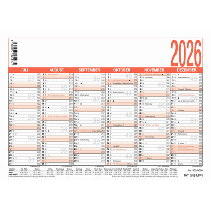 ZETTLER Tafelkalender 900 2026 6 Monate/1 Seite DIN A6 Mondphasen, Ferientermine Karton