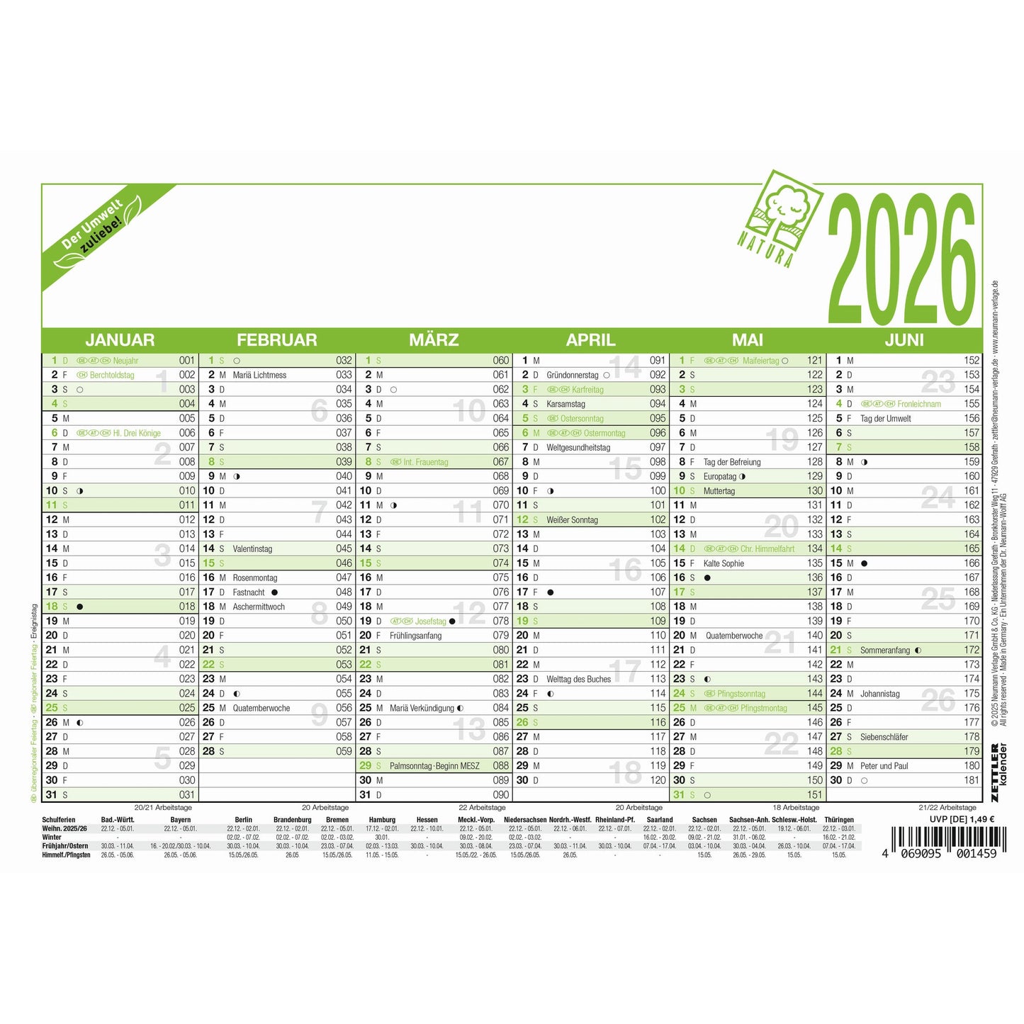 ZETTLER Tafelkalender 904 2026 6 Monate/1 Seite DIN A5 Karton, 100 % recycelt