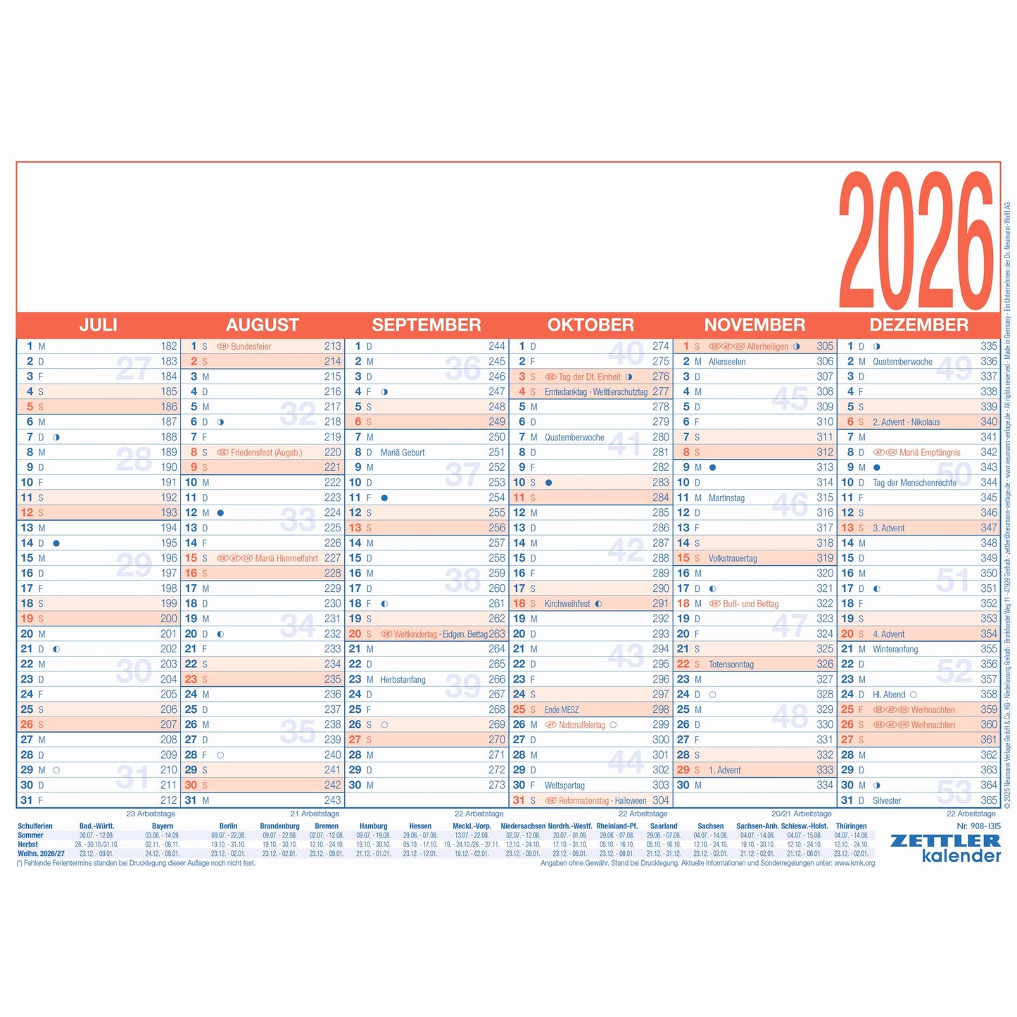 ZETTLER Tafelkalender 2026 6 Monate/1 Seite 29 x 21 cm (B x H) Pappe, kaschiert