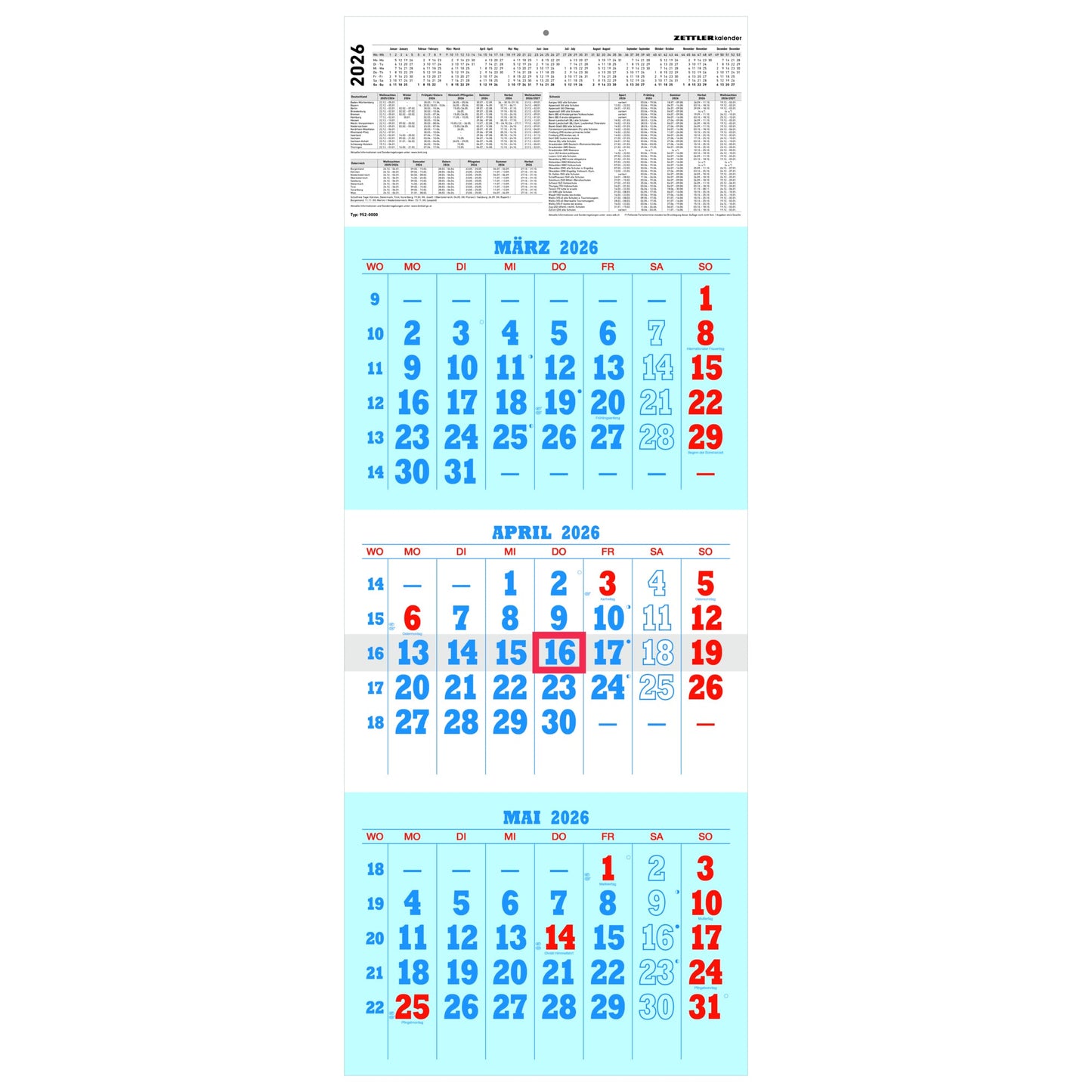 ZETTLER Wandkalender 29,7 x 78 cm (B x H) 2026 blau/rot