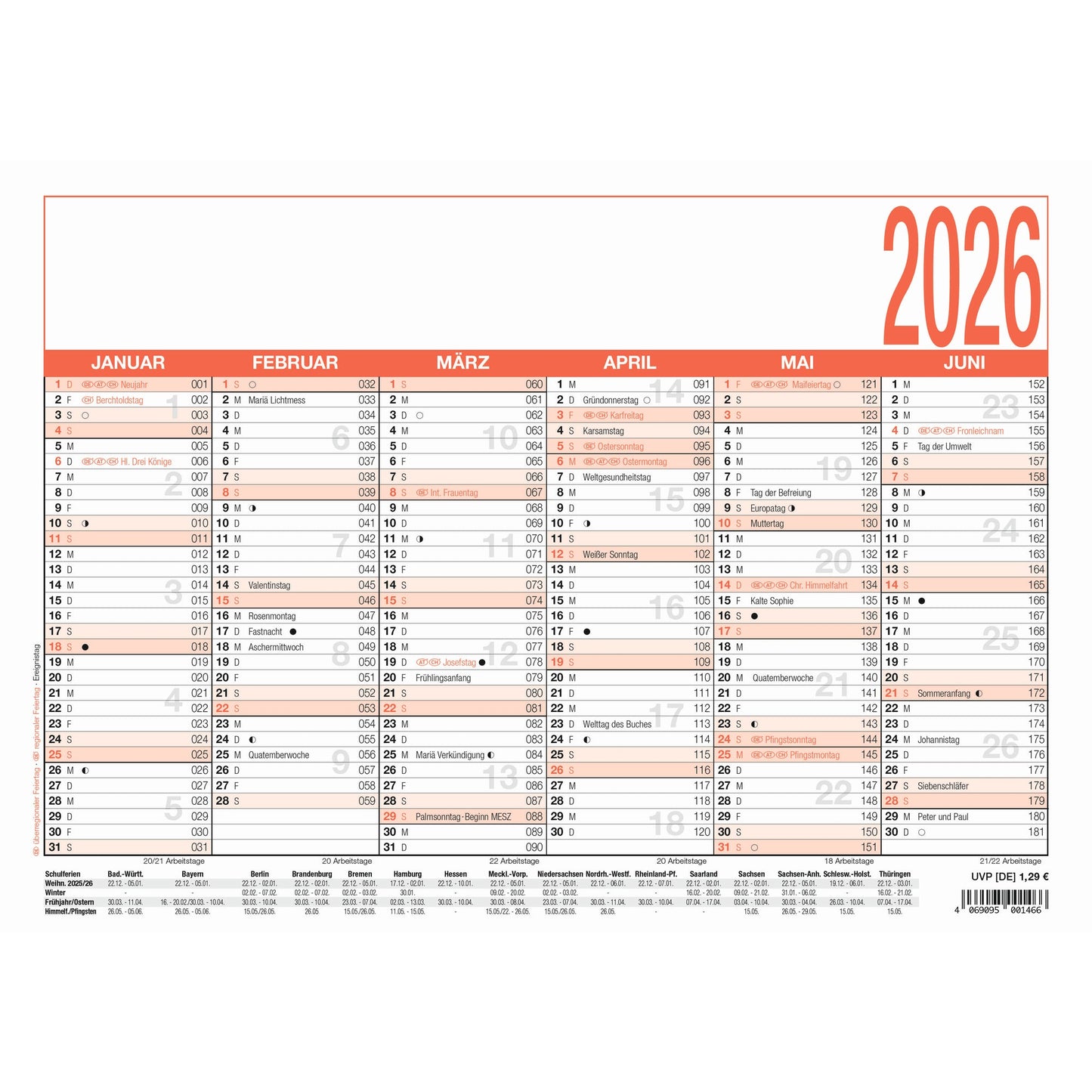 ZETTLER Tafelkalender 907 2026 6 Monate/1 Seite DIN A4 29,7 x 21 cm (B x H) Ferientermine Karton