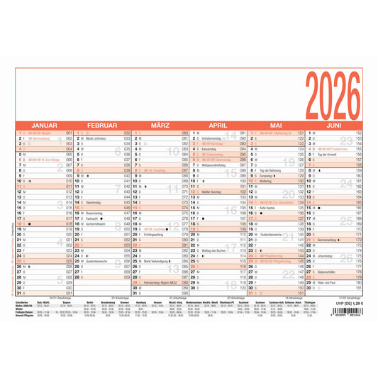 ZETTLER Tafelkalender 907 2026 6 Monate/1 Seite DIN A4 29,7 x 21 cm (B x H) Ferientermine Karton