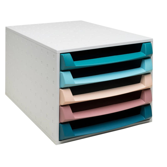 Exacompta Schubladenbox THE BOX 5 Schubladen DIN A4, Überbreite Polystyrol/Polypropylen Gehäusefarbe: grau Farbe der Schublade: altrosa, blaugrün, frostblau, nude, pazifikblau