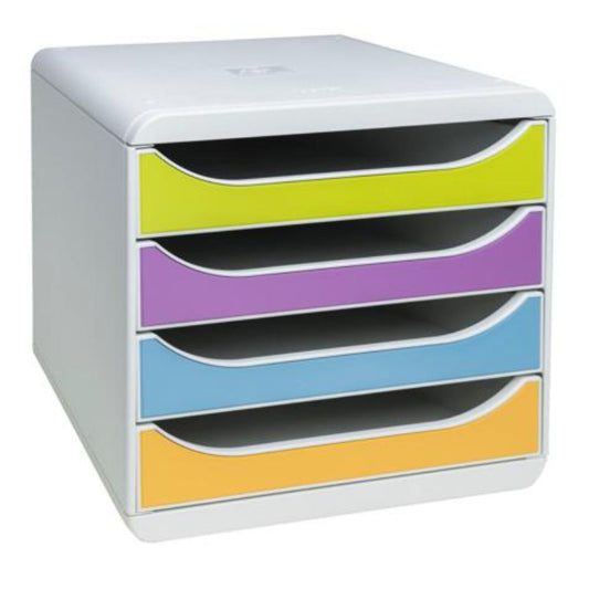 Exacompta Schubladenbox BIG-BOX 4 Schubladen DIN A4, Überbreite Polystyrol Gehäusefarbe: grau Farbe der Schublade: cyan, flieder, limettengrün, mango