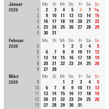 rido/idé Tischkalender 2026 3 sichtbare Monatsblöcke schwarz