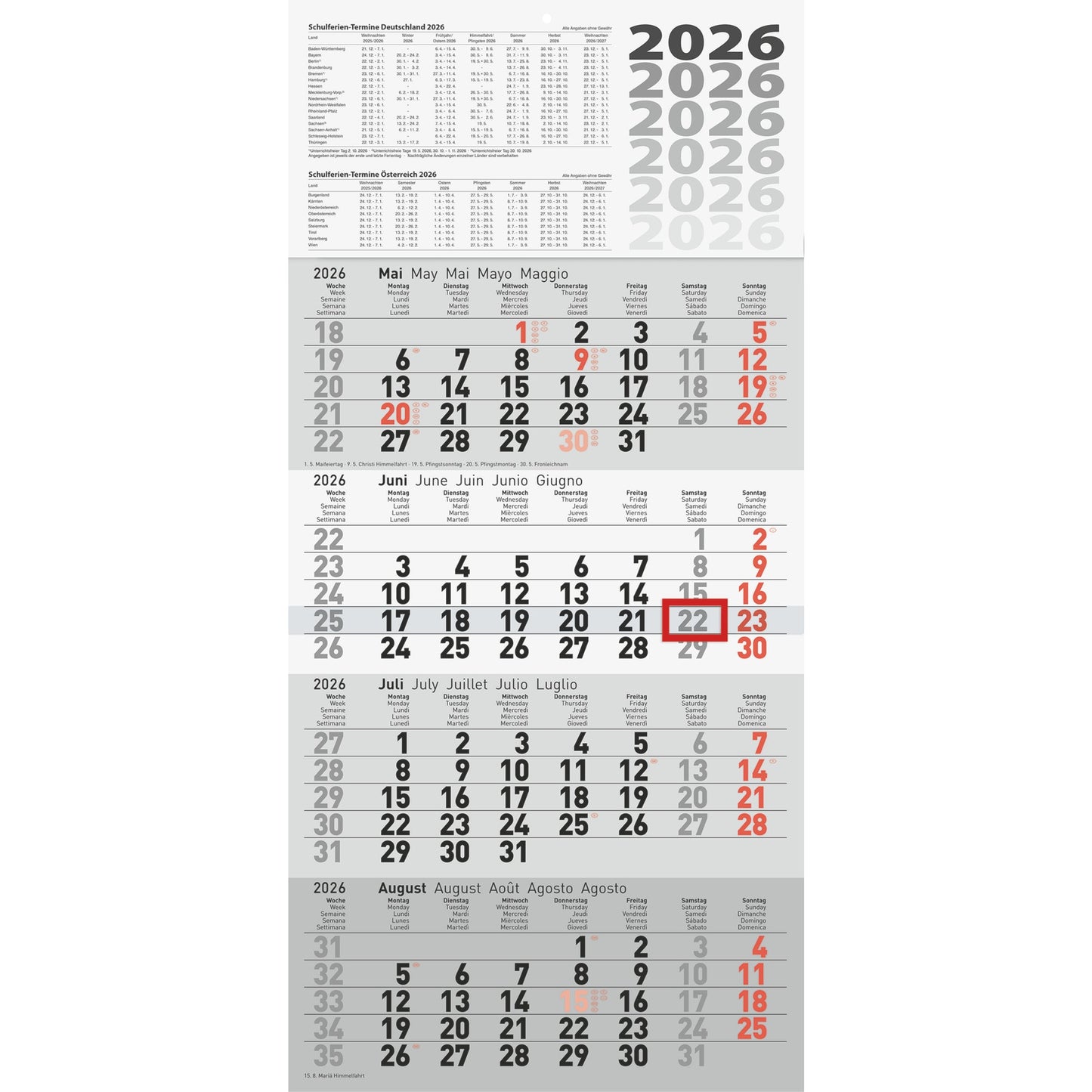 rido/idé Wandkalender 30 x 62,5 cm (B x H) 2026 70g/m² schwarz/rot