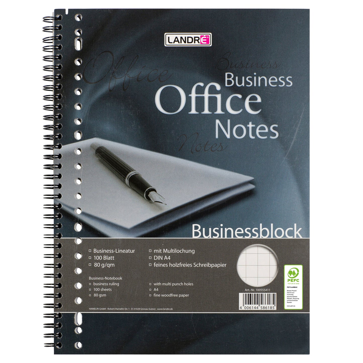 Landré Collegeblock Business Office Notes DIN A4+ kariert 80g/m² grau 100 Bl.