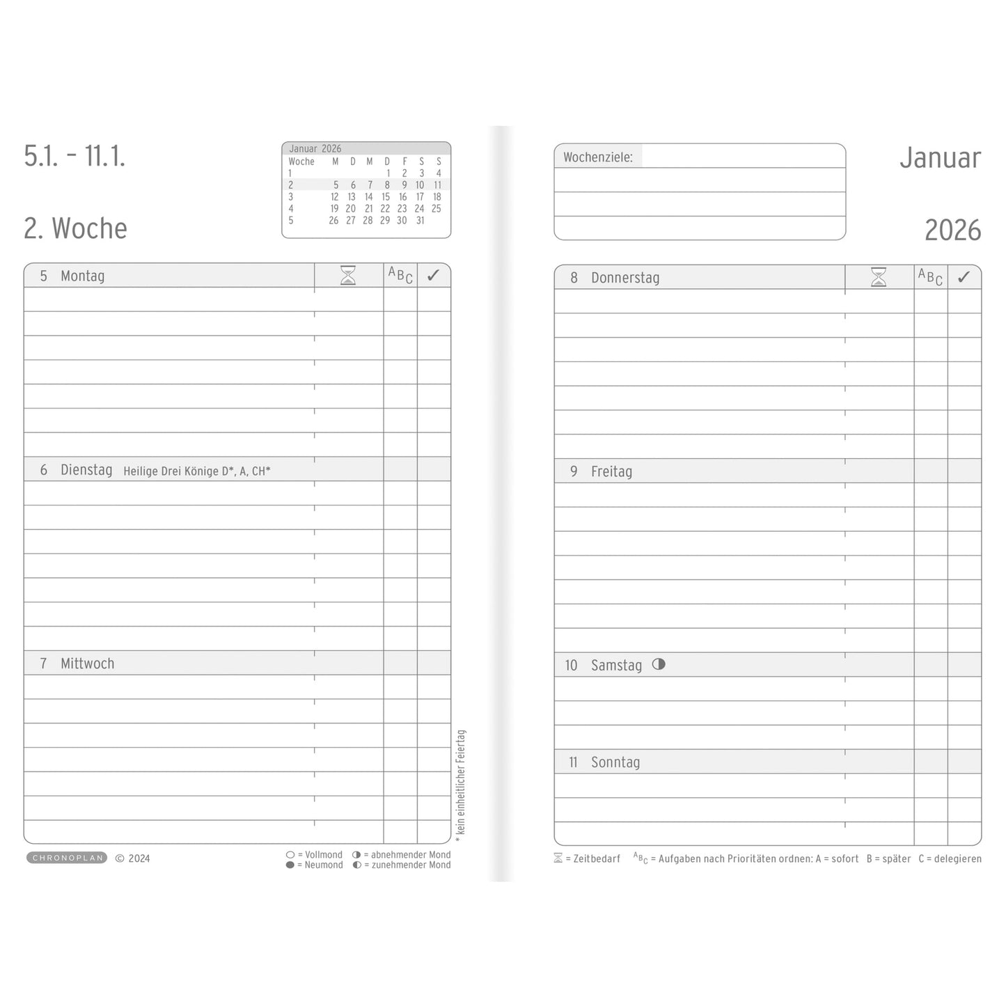 Chronoplan Buchkalender Business Edition 2026 Mini 1 Woche/2 Seiten Lederimitat schwarz