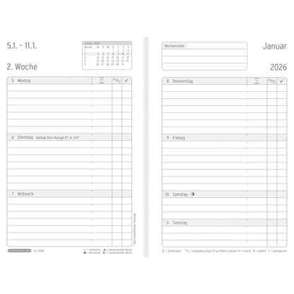 Chronoplan Buchkalender Business Edition 2026 Mini 1 Woche/2 Seiten Lederimitat schwarz