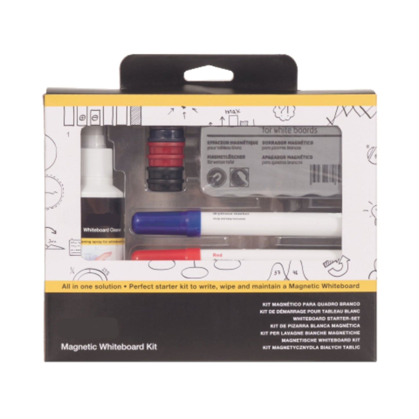 Starterset Whiteboard Kit 4 trocken abwischbare Marker (schwarz, rot, grün, blau), 6 Magnete Ø 25mm (2 x blau, 2 x rot, 2 x schwarz), 1 leichter magnetischer Löscher, 1 Reinigungsspray (125 ml)