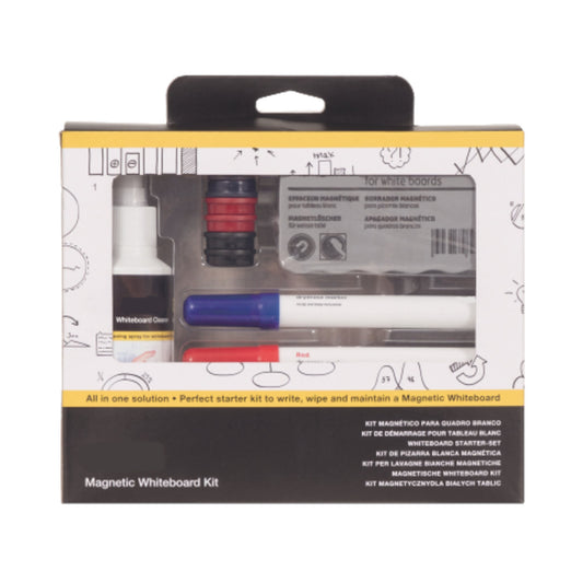 Starterset Whiteboard Kit 4 trocken abwischbare Marker (schwarz, rot, grün, blau), 6 Magnete Ø 25mm (2 x blau, 2 x rot, 2 x schwarz), 1 leichter magnetischer Löscher, 1 Reinigungsspray (125 ml)