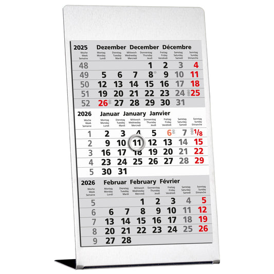 GÜSS® Tischkalender 2026 3 sichtbare Monatsblöcke silber